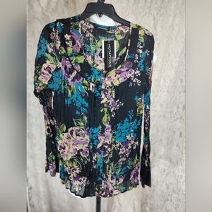 Notations Black Floral Purple Crinkle Top And Camisole Set